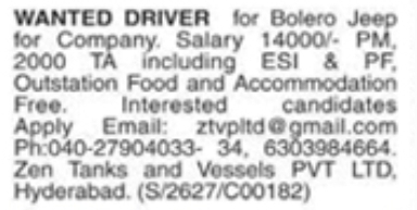 Hiring Driver for Zen Tanks and Vessels