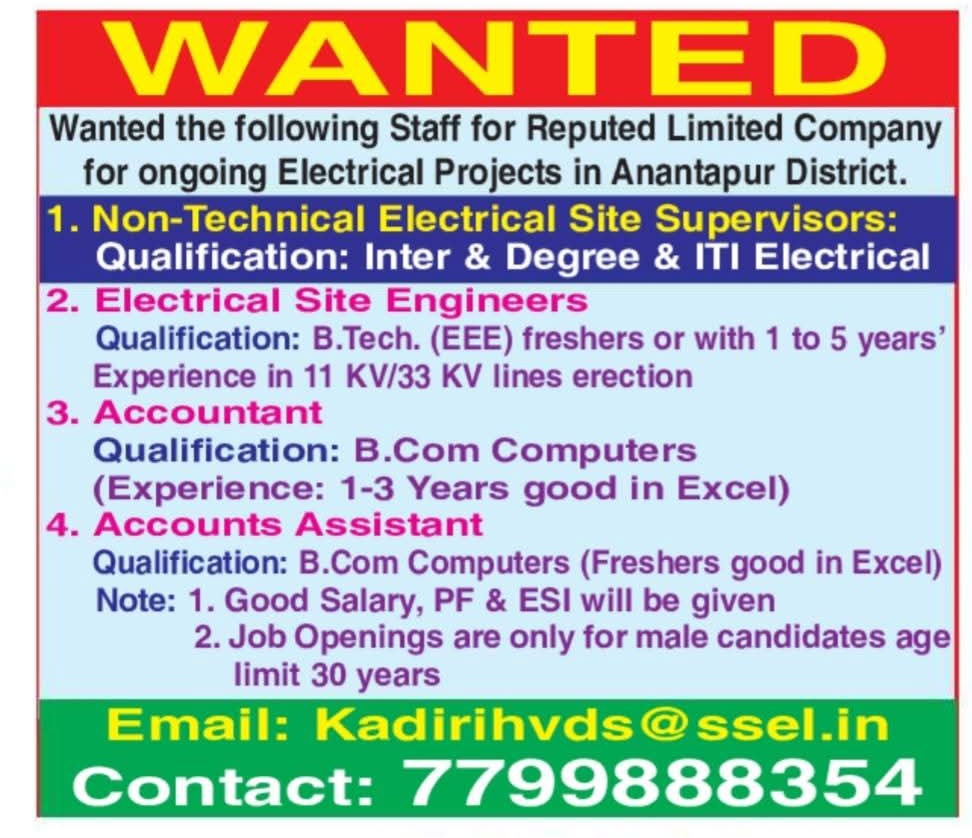 Hiring Electrical Engineers, Supervisors, and Accounts Staff