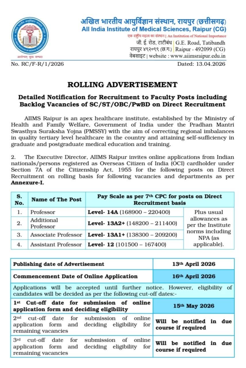 Hiring Faculty at AIIMS Raipur