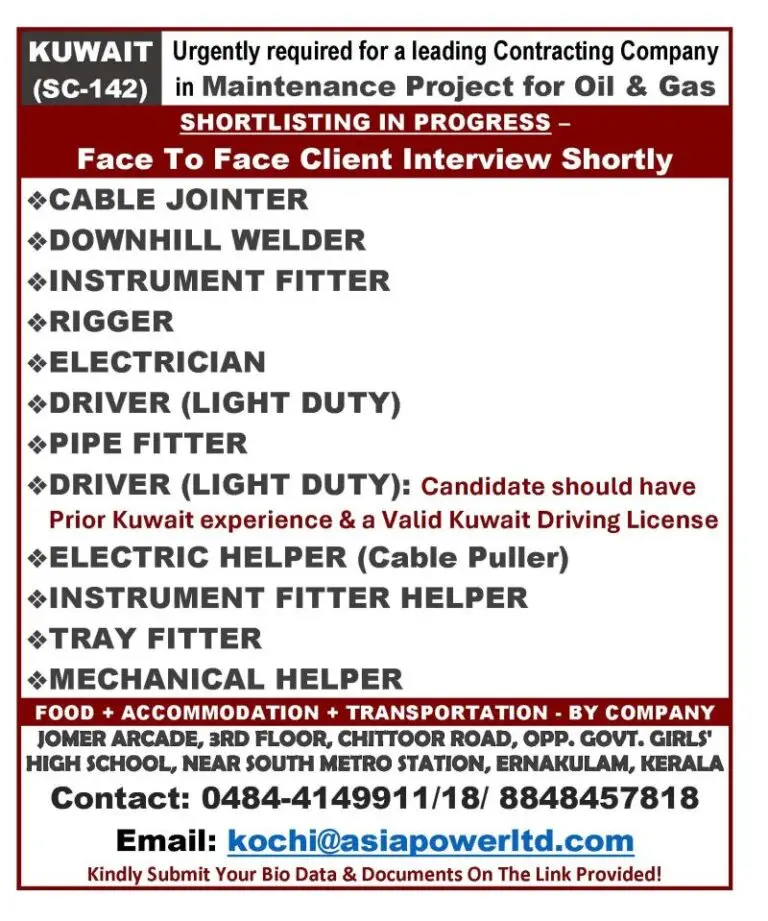Hiring For A Leading Contracting Company In Kuwait