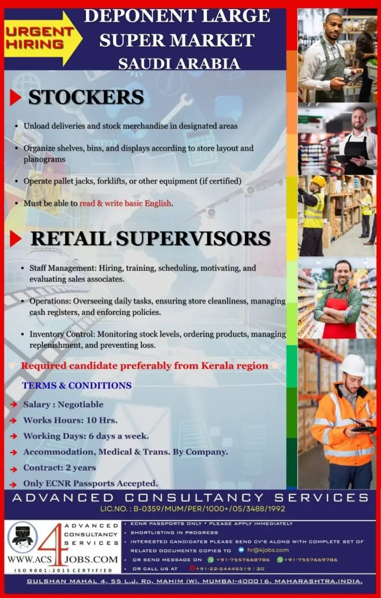 Hiring For A leading large supermarket chain (Deponent) In Saudi Arabia