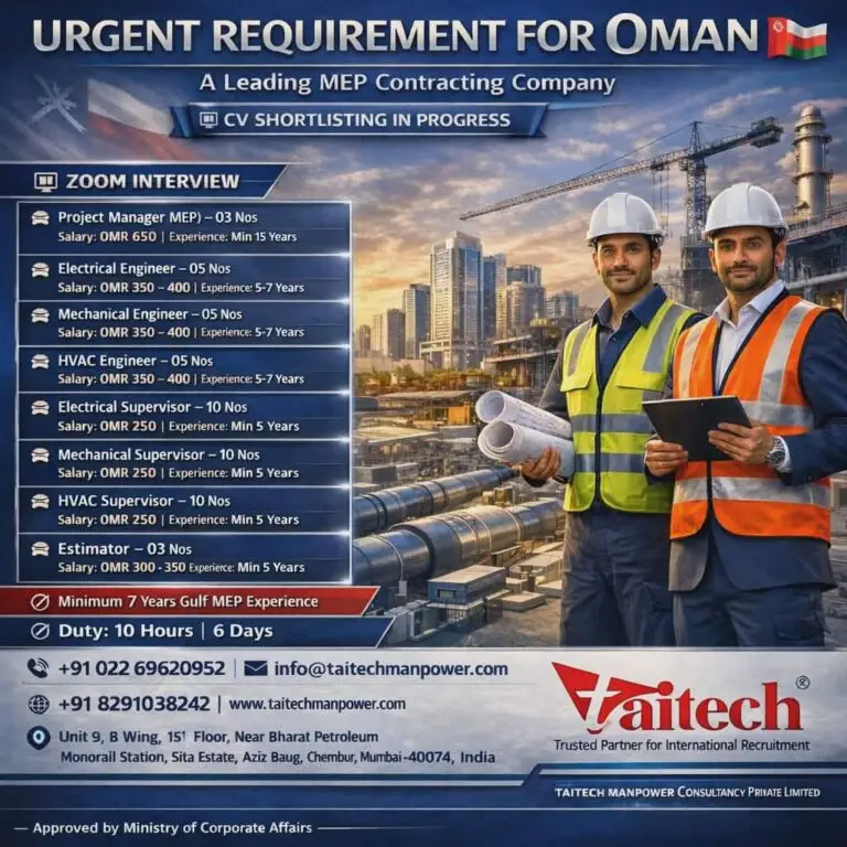 Hiring for a Leading MEP Contracting Company In Oman
