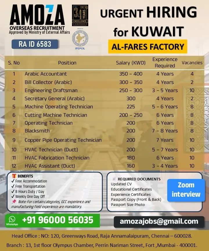 HIRING FOR AL-FARES FACTORY, KUWAIT