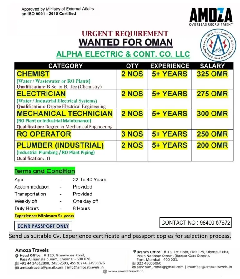 HIRING FOR ALPHA ELECTRIC & CONT. CO. LLC IN OMAN