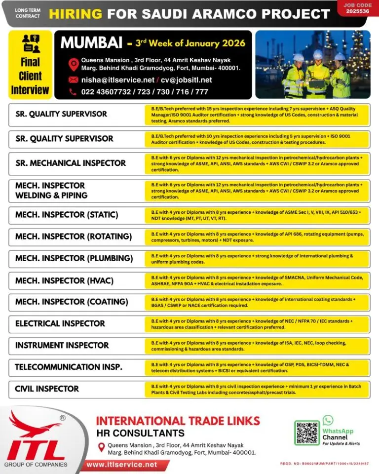 Hiring for ARAMCO Project in Saudi Arabia