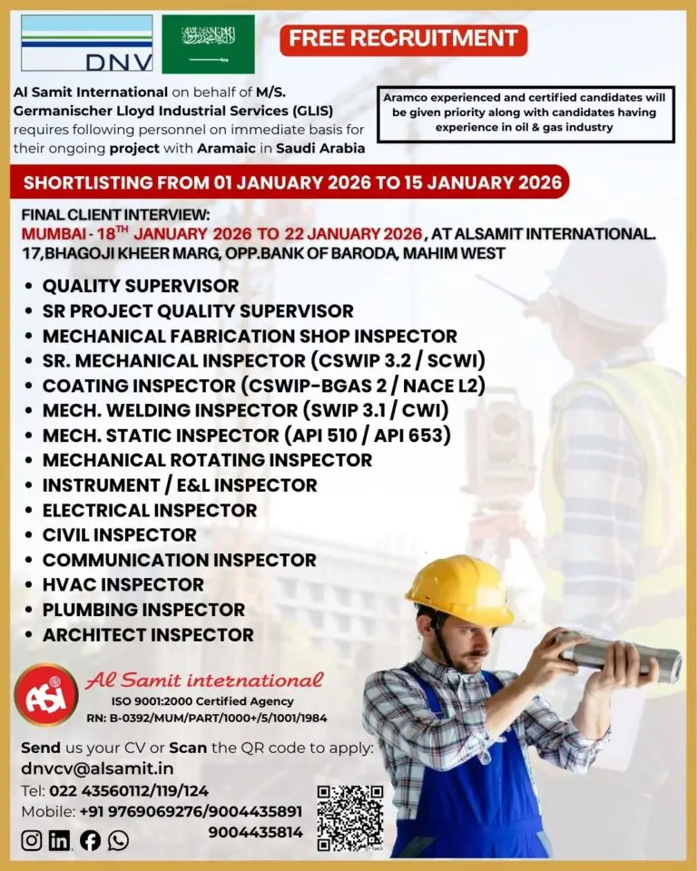 Hiring for Aramco Project In Saudi Arabia