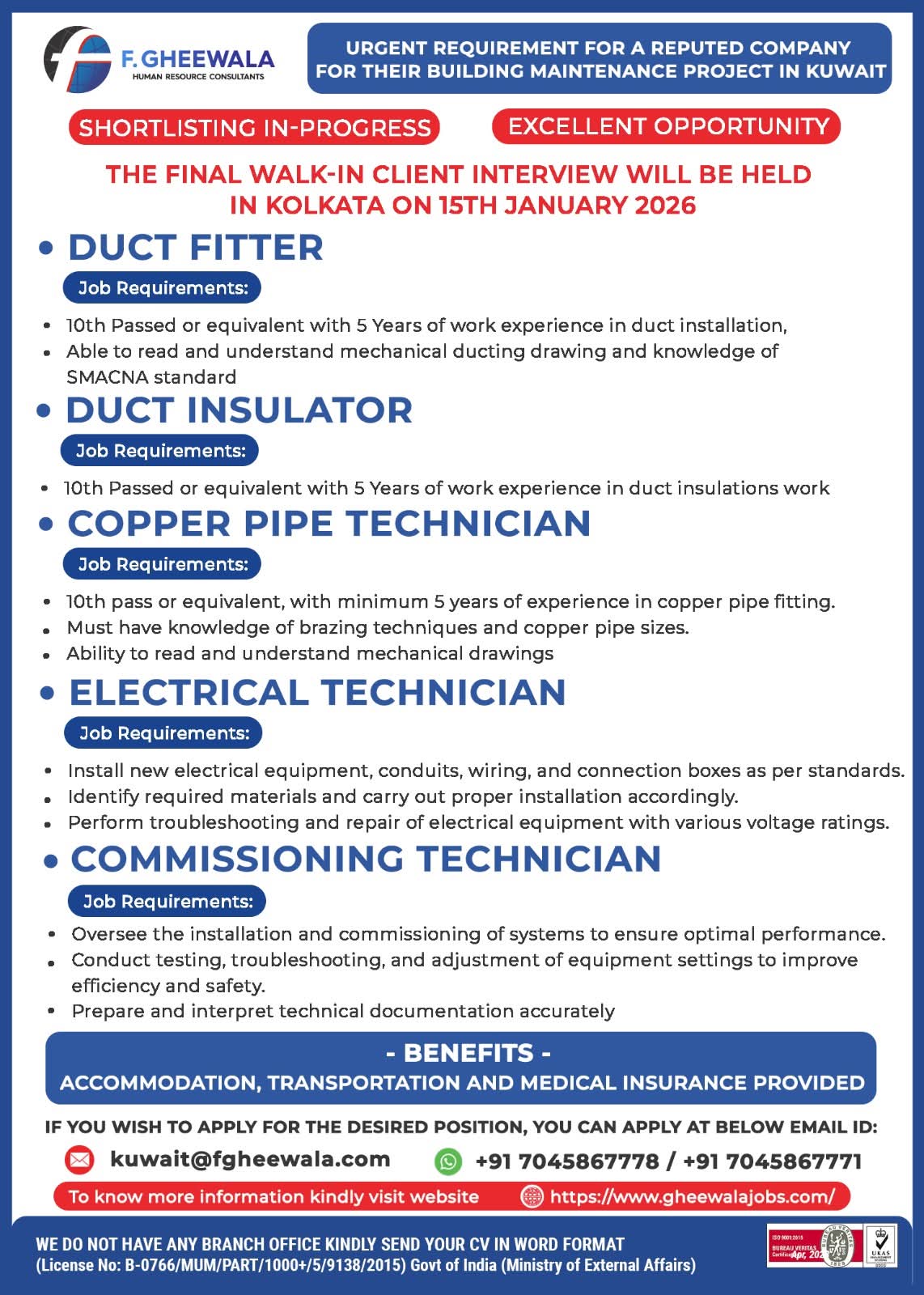 Hiring For Building Maintenance Project in Kuwait