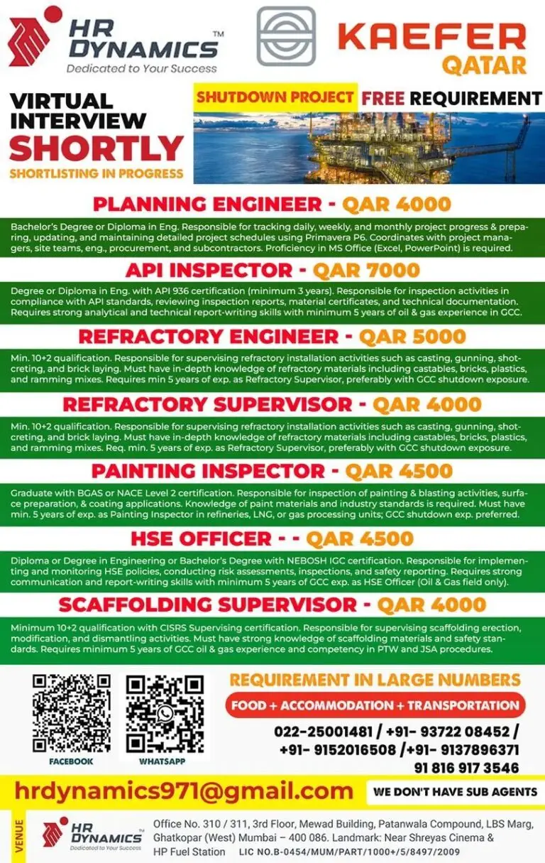 HIRING FOR KAEFER SHUTDOWN PROJECT IN QATAR
