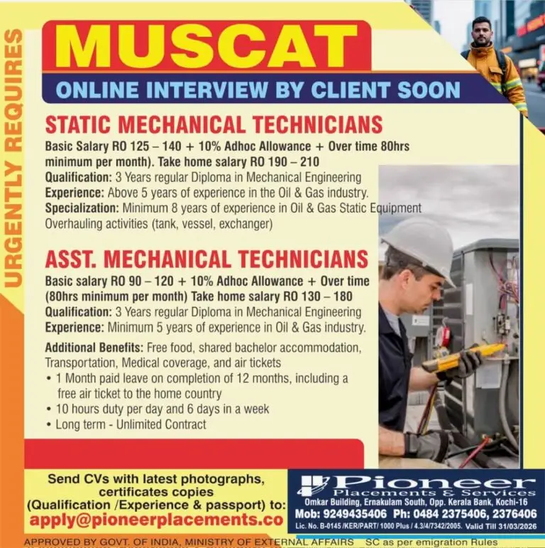 HIRING FOR LEADING COMPANY IN MUSCAT, OMAN