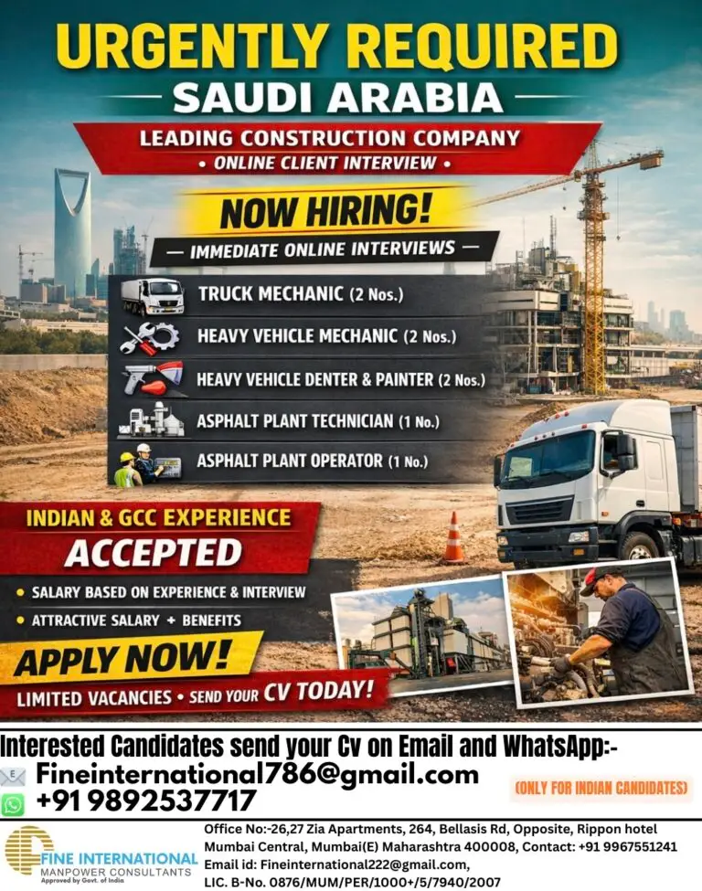 HIRING FOR LEADING CONSTRUCTION COMPANY – SAUDI ARABIA