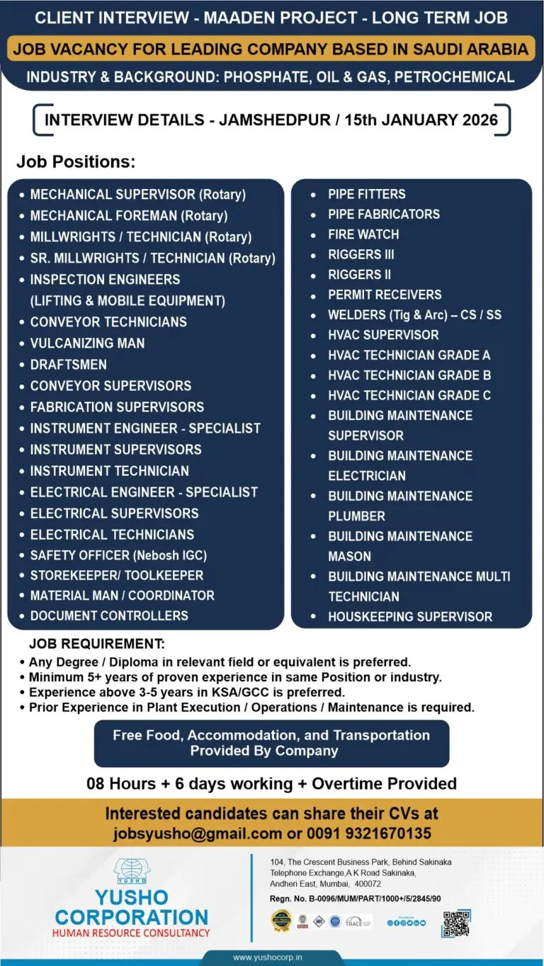 Hiring For Maaden Project (Phosphate, Oil & Gas, Petrochemical) In Saudi Arabia
