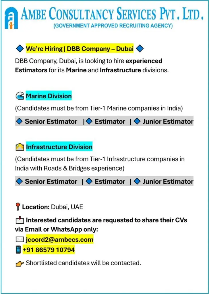 HIRING FOR MARINE AND INFRASTRUCTURE DIVISIONS - DUBAI