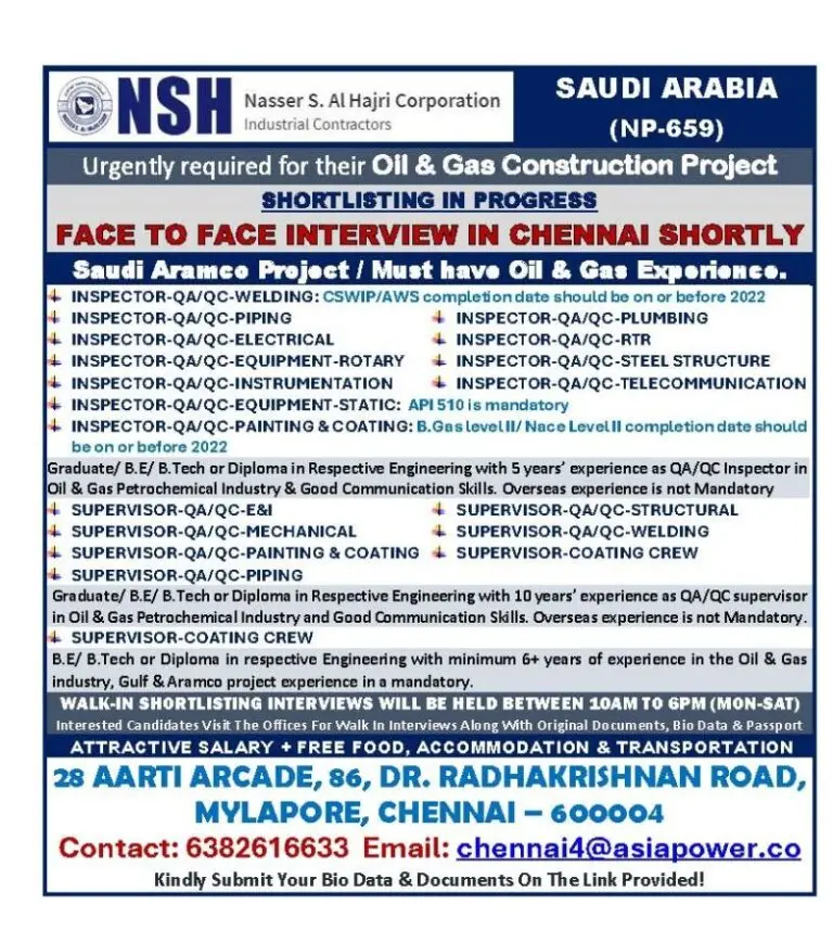 HIRING FOR NSH OIL & GAS CONSTRUCTION PROJECT - SAUDI ARABIA