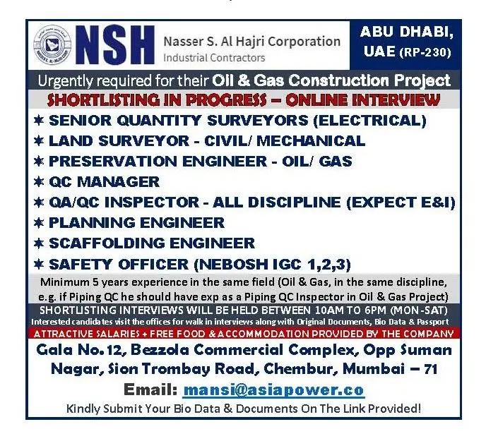 HIRING FOR OIL & GAS CONSTRUCTION PROJECT – ABU DHABI, UAE (2026)