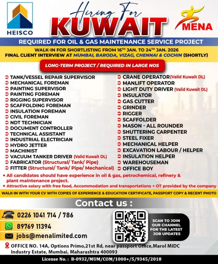 Hiring for Oil & Gas Maintenance Service Project – Kuwait