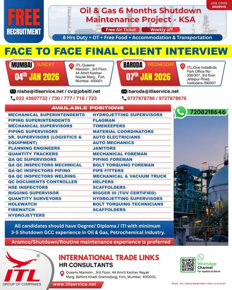 Hiring For Oil & Gas Shutdown Project In KSA