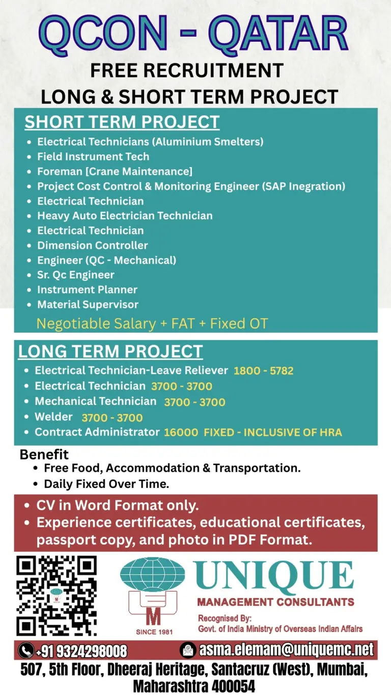 Hiring for QCON Long & Short Term Projects In Qatar