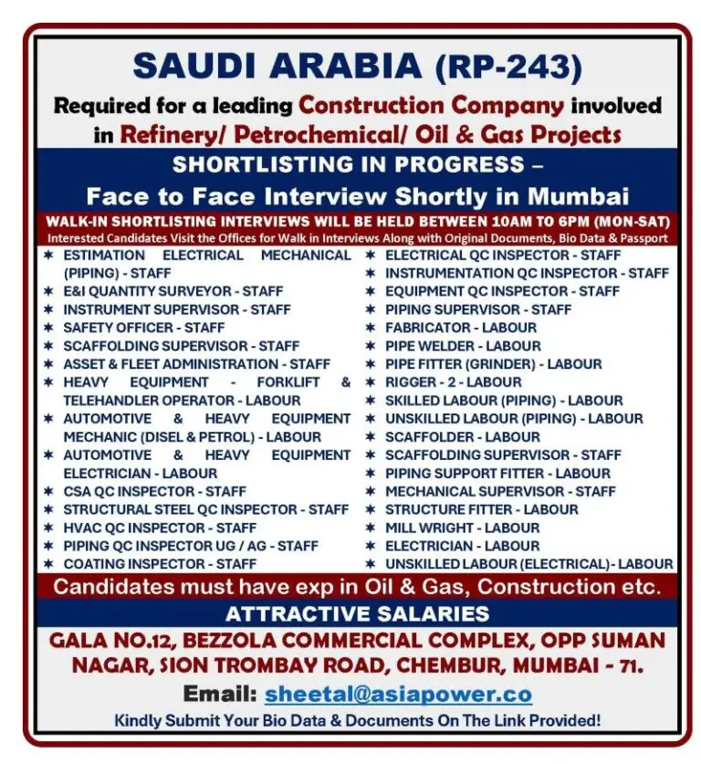 HIRING FOR REFINERY, PETROCHEMICAL & CONSTRUCTION PROJECTS - SAUDI ARABIA