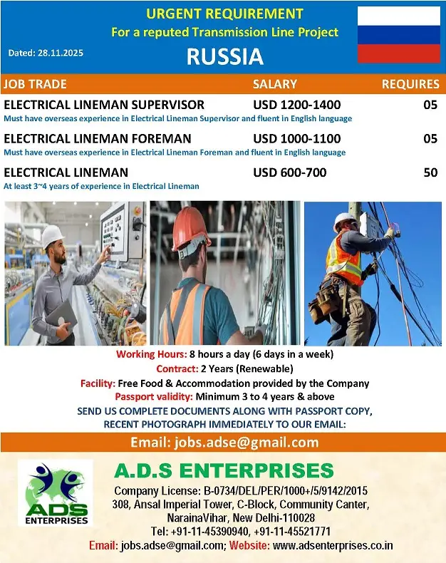 Hiring For Transmission Line Project Job In Russia