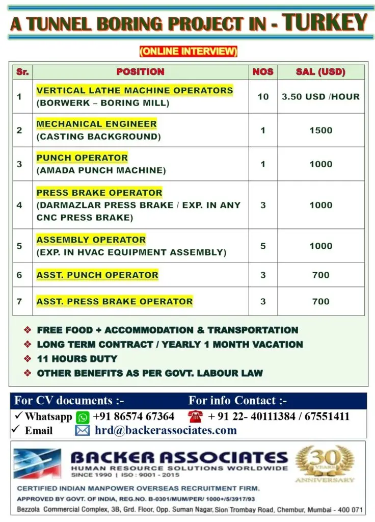 Hiring For Tunnel Boring Project in Turkey