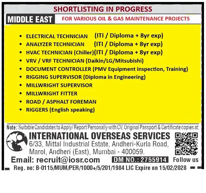 HIRING FOR VARIOUS OIL & GAS MAINTENANCE PROJECTS IN THE MIDDLE EAST