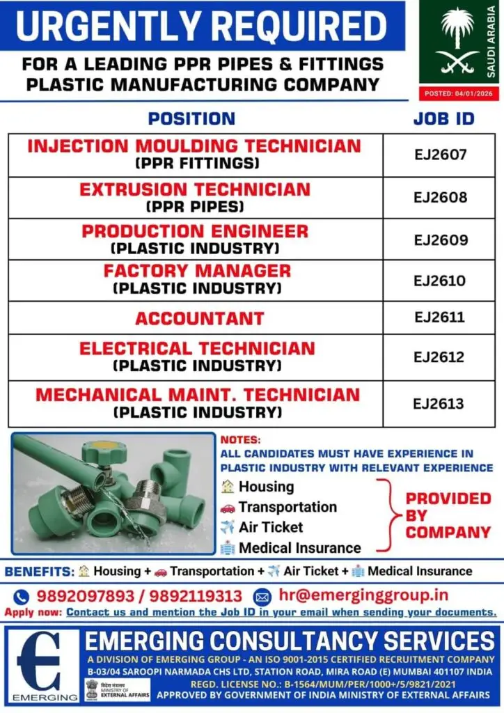 HIRING FOR A LEADING PPR PIPES & FITTINGS PLASTIC MANUFACTURING COMPANY - SAUDI ARABIA