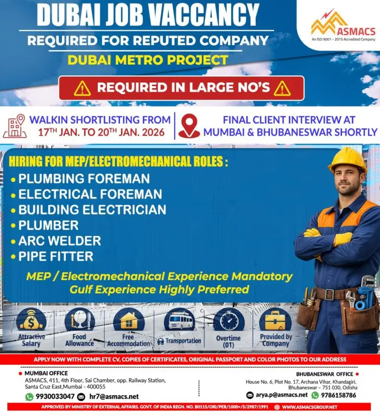 Hiring: MEP & Technical Roles for Metro Project – Dubai