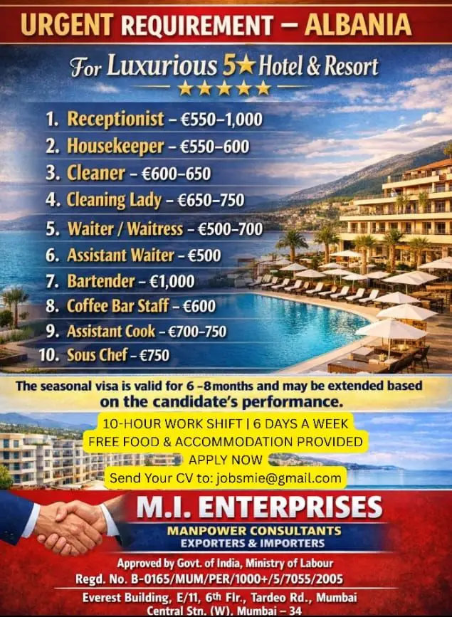 Hiring Now: 5-Star Hotel & Resort – Albania