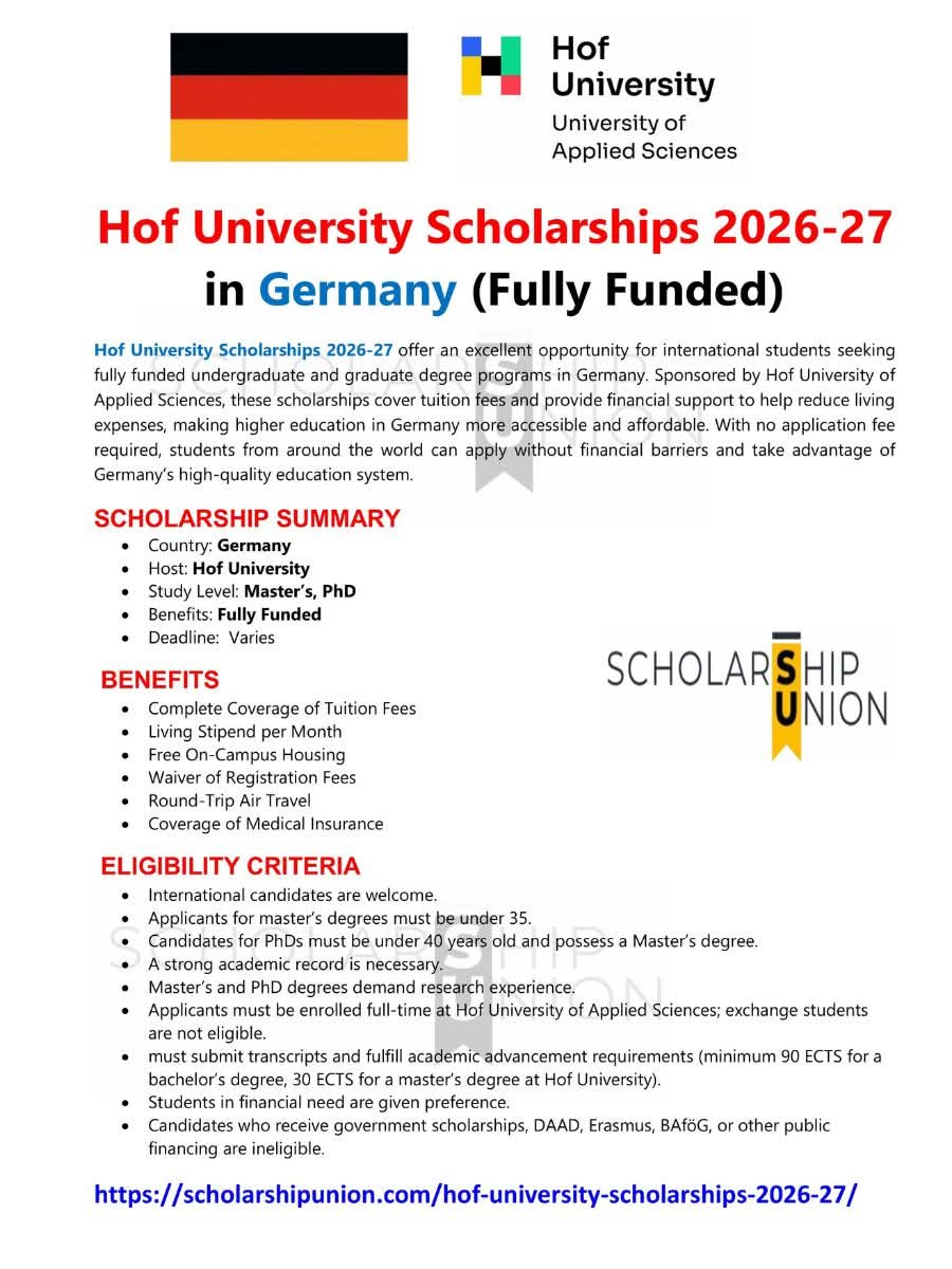 Hof University Scholarships 2026-27 In Germany