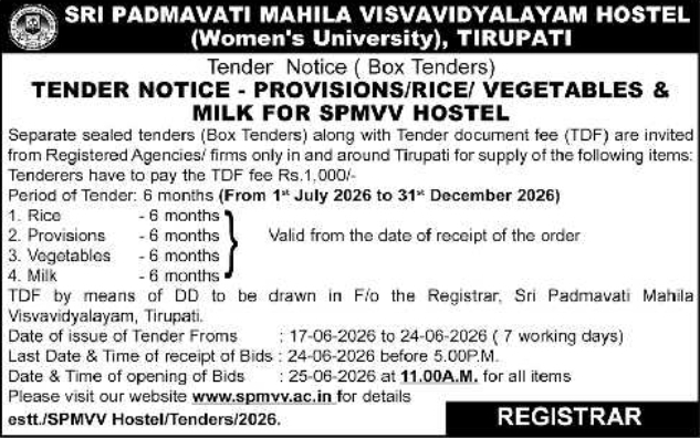 Hostel Mess Supplies Tender Notice by Sri Padmavati Mahila Visvavidyalayam Tirupati