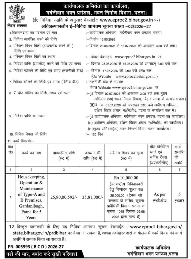 Housekeeping and Maintenance E-Tender Gardanibagh Patna