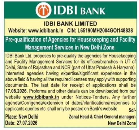 Housekeeping Service Pre-qualification by IDBI Bank