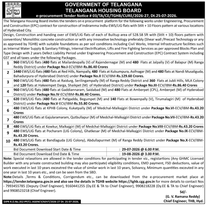 Housing Construction E-Tender by Telangana Housing Board
