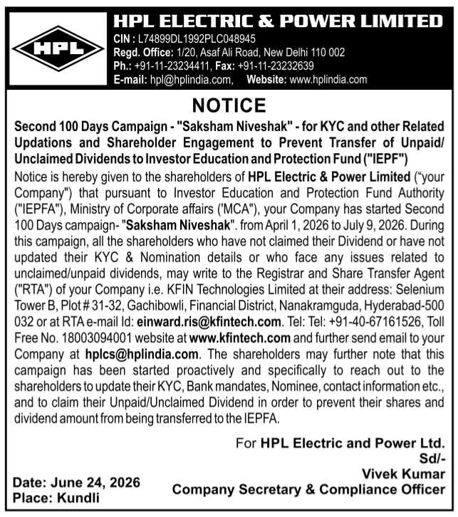 HPL Electric & Power Notice: Investor Campaign "Saksham Niveshak"