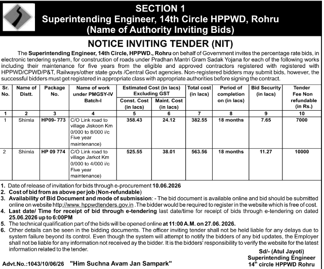 HPPWD Rohru Road Construction Tender