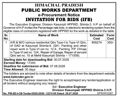 HPPWD Shimla e-Procurement Notice for Residential Quarter Repairs
