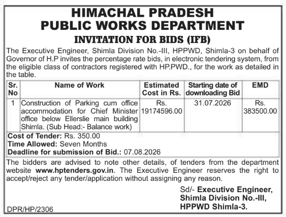 HPPWD Shimla Tender for Chief Minister Office Office Accommodation