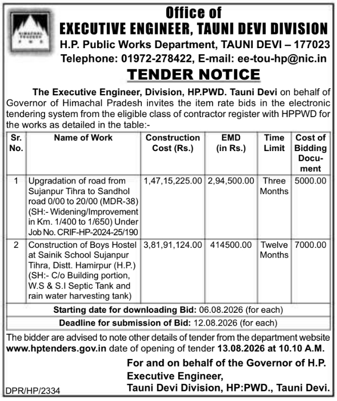 HPPWD Tauni Devi Tender Notice for Road Upgradation and Boys Hostel