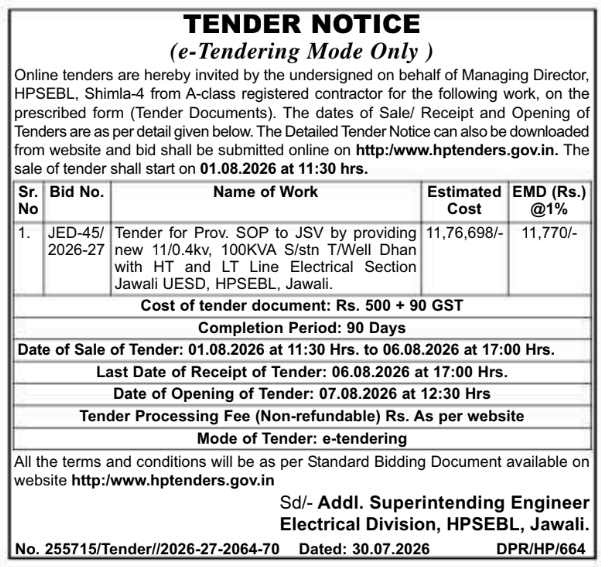HPSEBL Jawali E-Tender for Electrical Substation Works