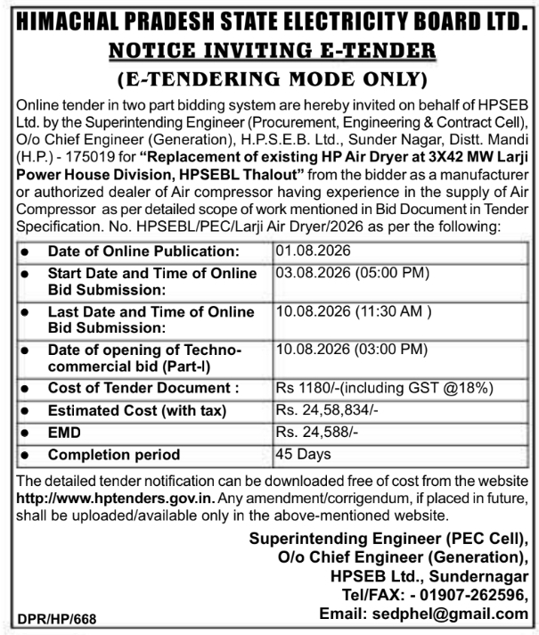 HPSEBL Sunder Nagar E-Tender for Larji Power House Air Dryer