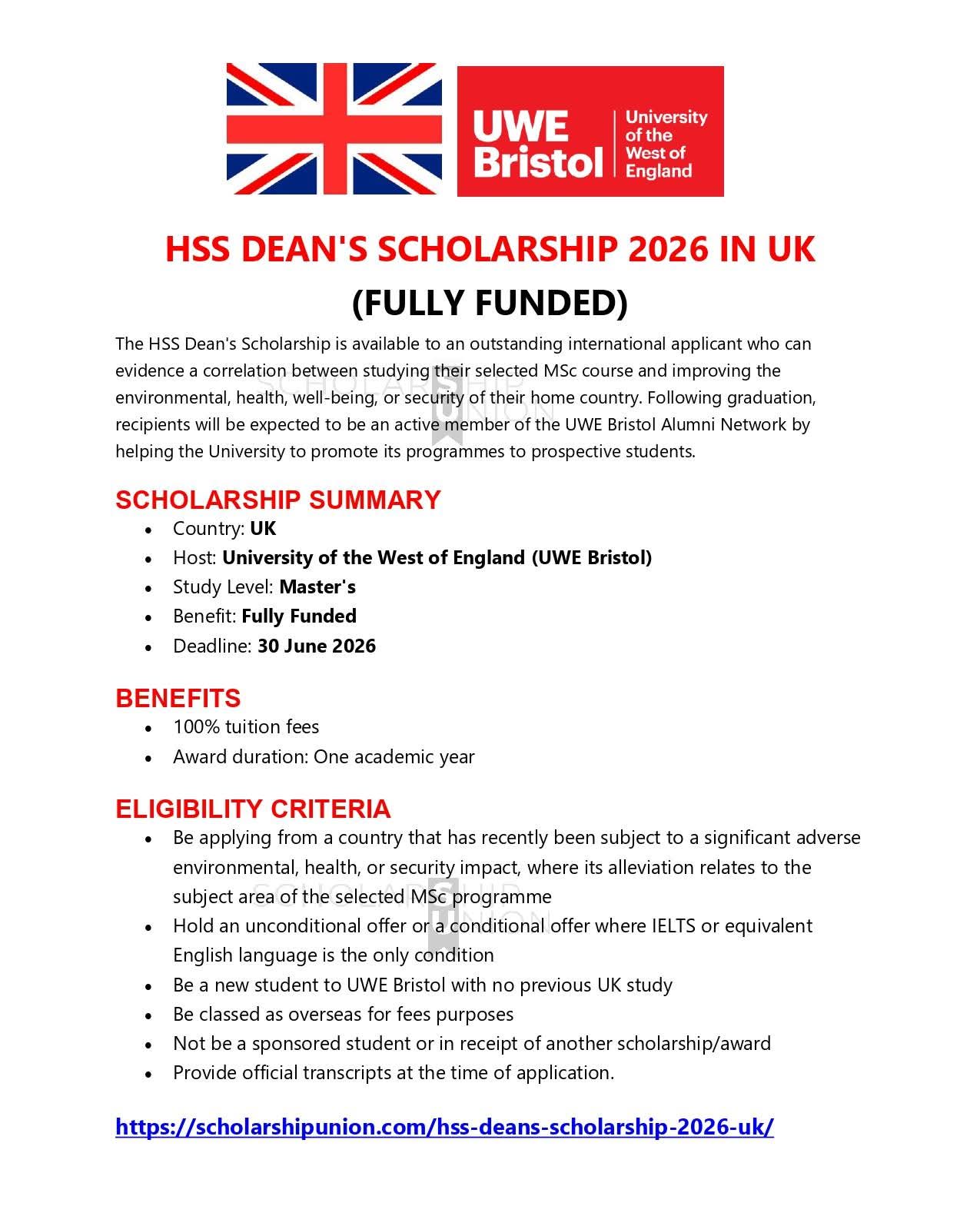 HSS Dean’s Scholarship 2026 in UK