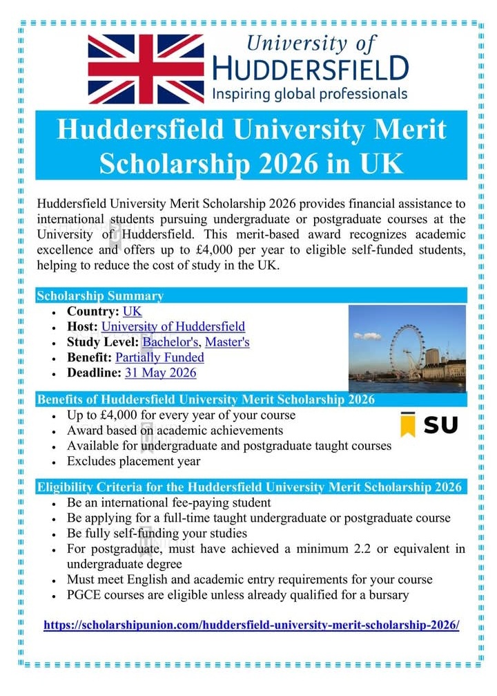Huddersfield University Merit Scholarship 2026 in UK
