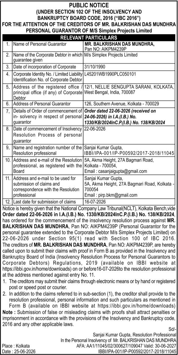 IBC Public Notice: Insolvency Proceedings Against Personal Guarantor Mr. Balkrishan Das Mundhra