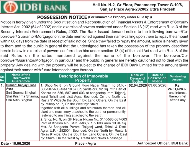 IDBI Bank Possession Notice for Property in Agra