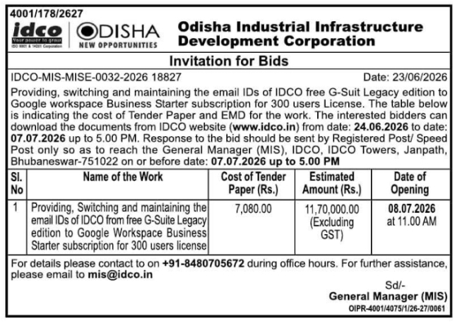 IDCO Tender Notice: Google Workspace Subscription Migration for 300 Users