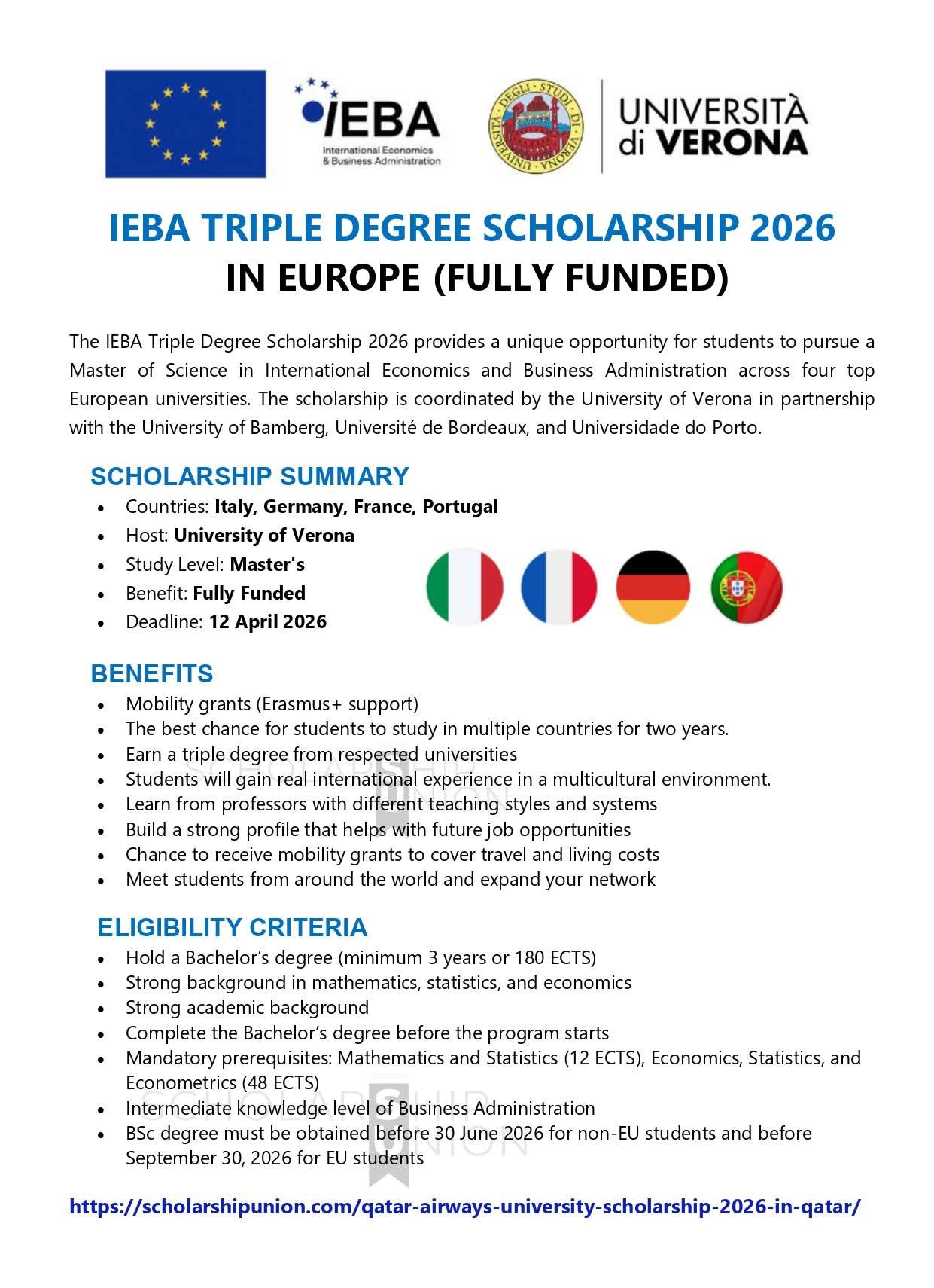 IEBA Triple Degree Scholarship 2026 in Europe