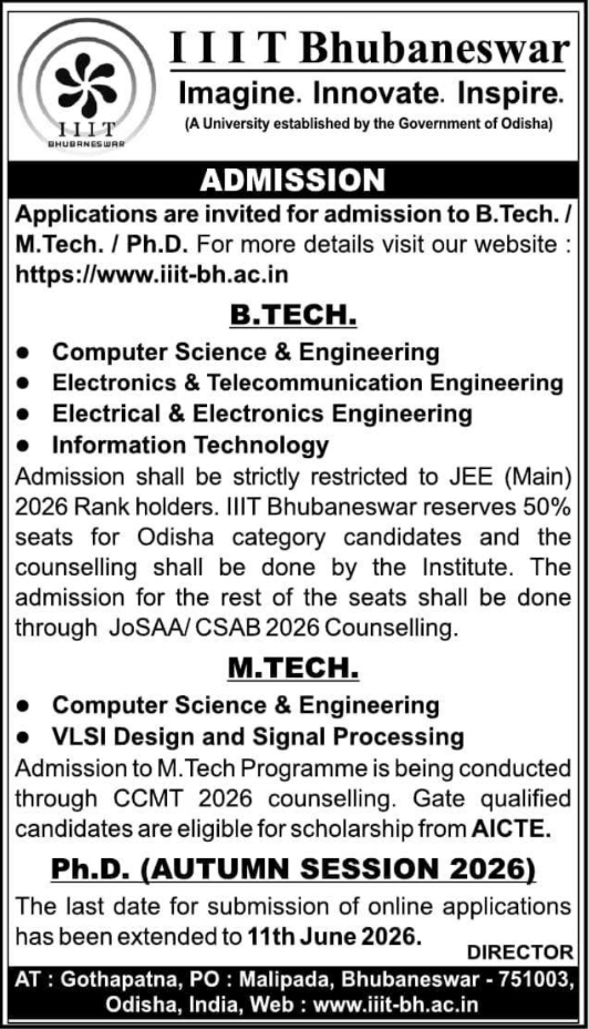 IIIT Bhubaneswar: Admission Notice for B.Tech, M.Tech & Ph.D.