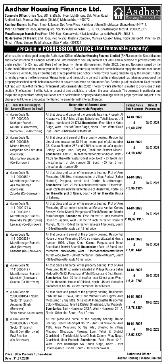 Immovable Property Possession Notice: Aadhar Housing Finance Ltd.