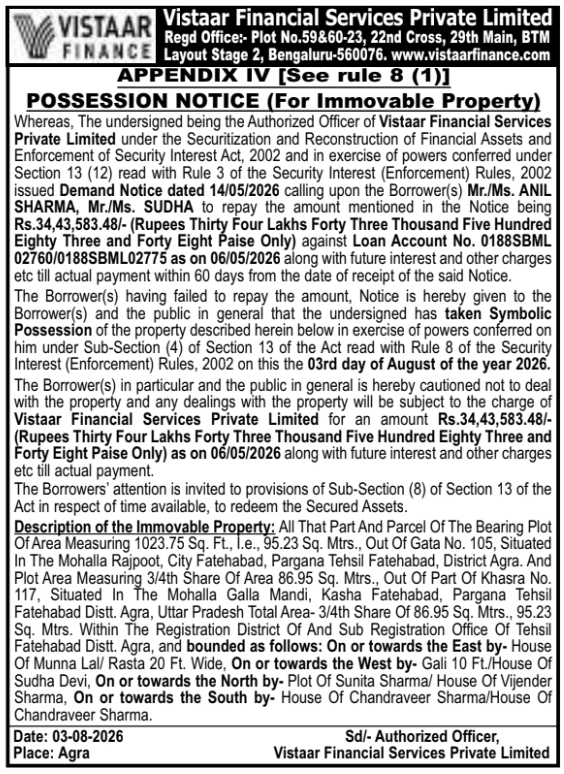 Immovable Property Possession Notice by Vistaar Finance