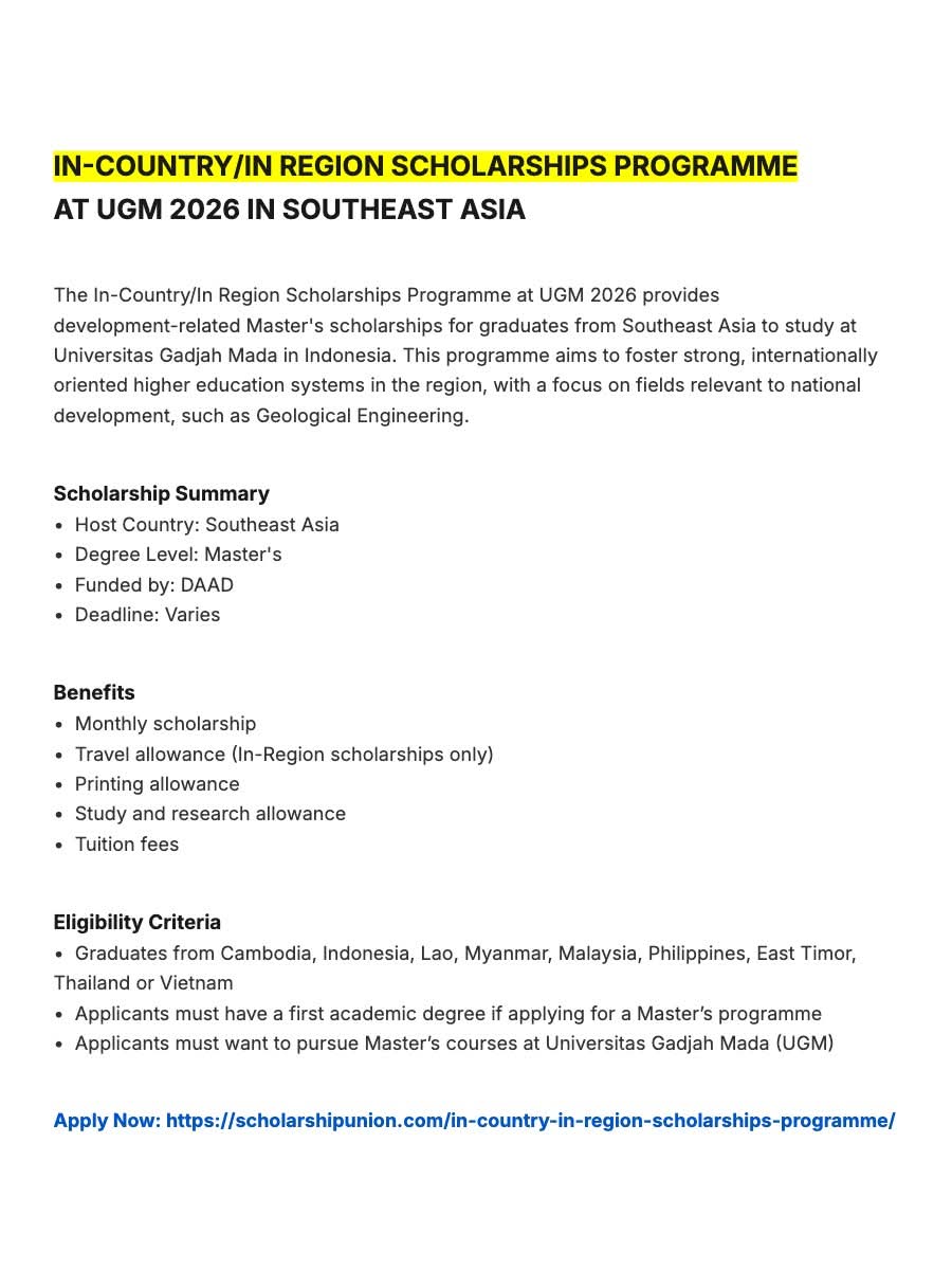 In-Country/In-Region Scholarships Programme At UGM 2026 in Southeast Asia